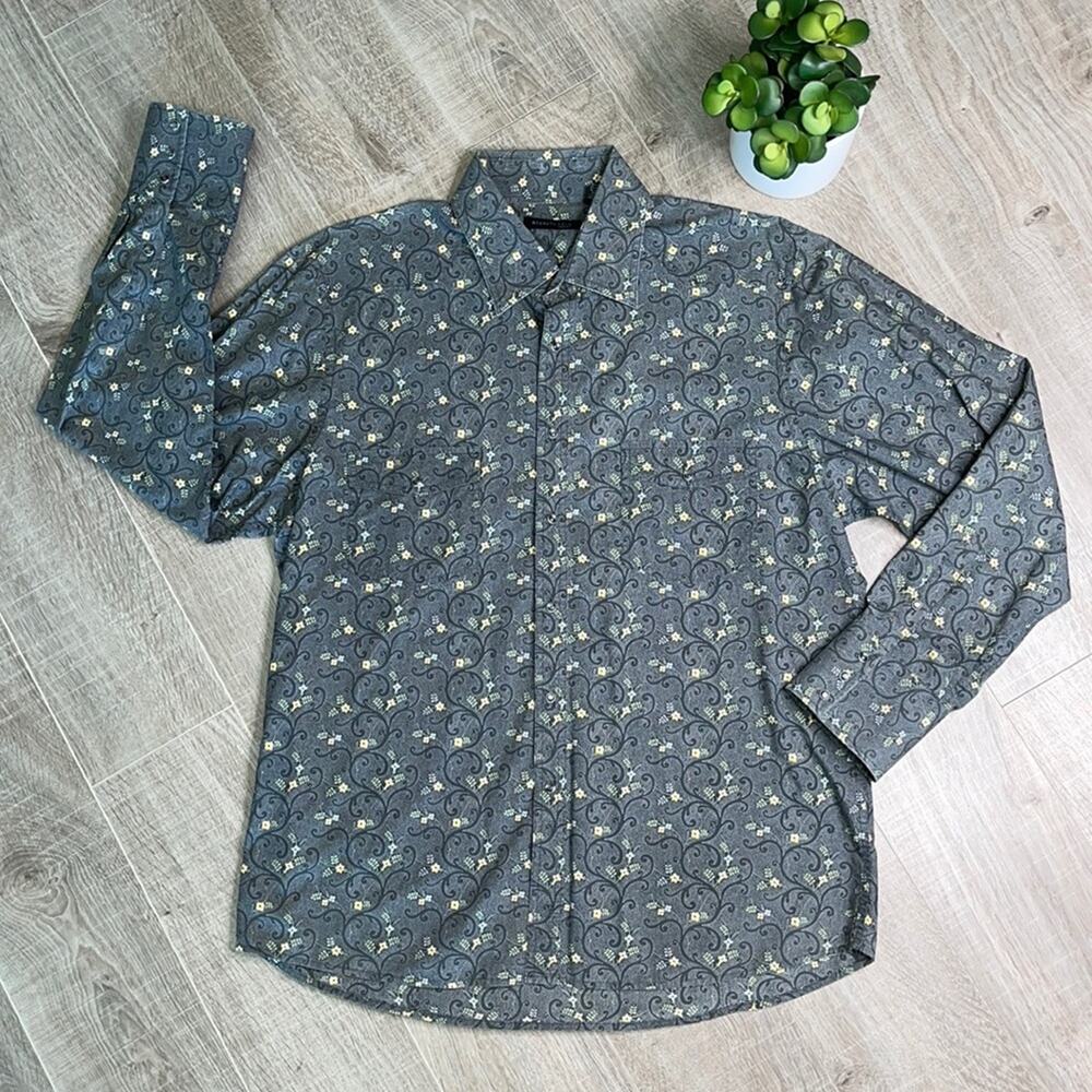 KENNETH COLE NEW YORK Men's Gray Floral Long Sleeve Snap Front Shirt